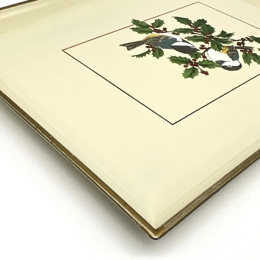VTG Otagiri Japan Chickadees Lacquerware Serving Tray Holly Bird Christmas Plate
